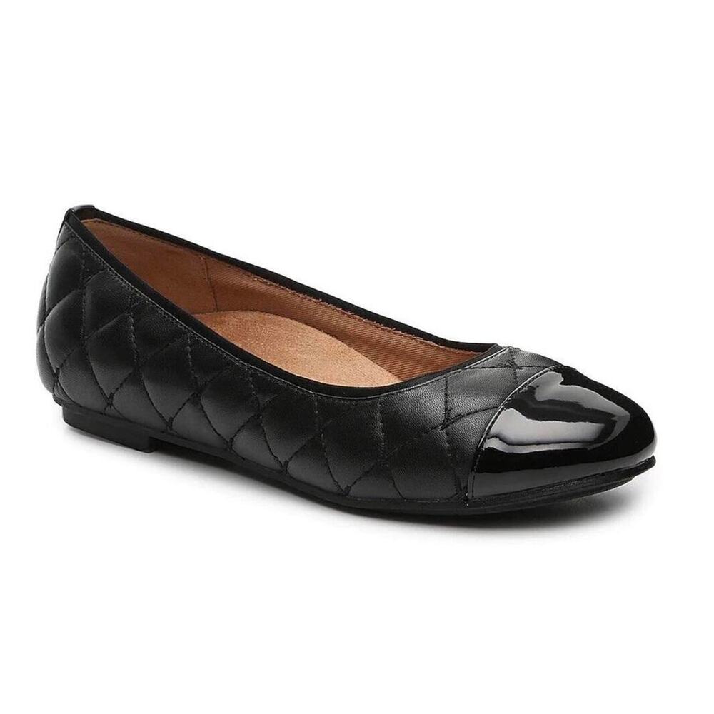 Vionic Desiree Ballet Flats | Women’s Black Quilted Leather Patent Cap Toe